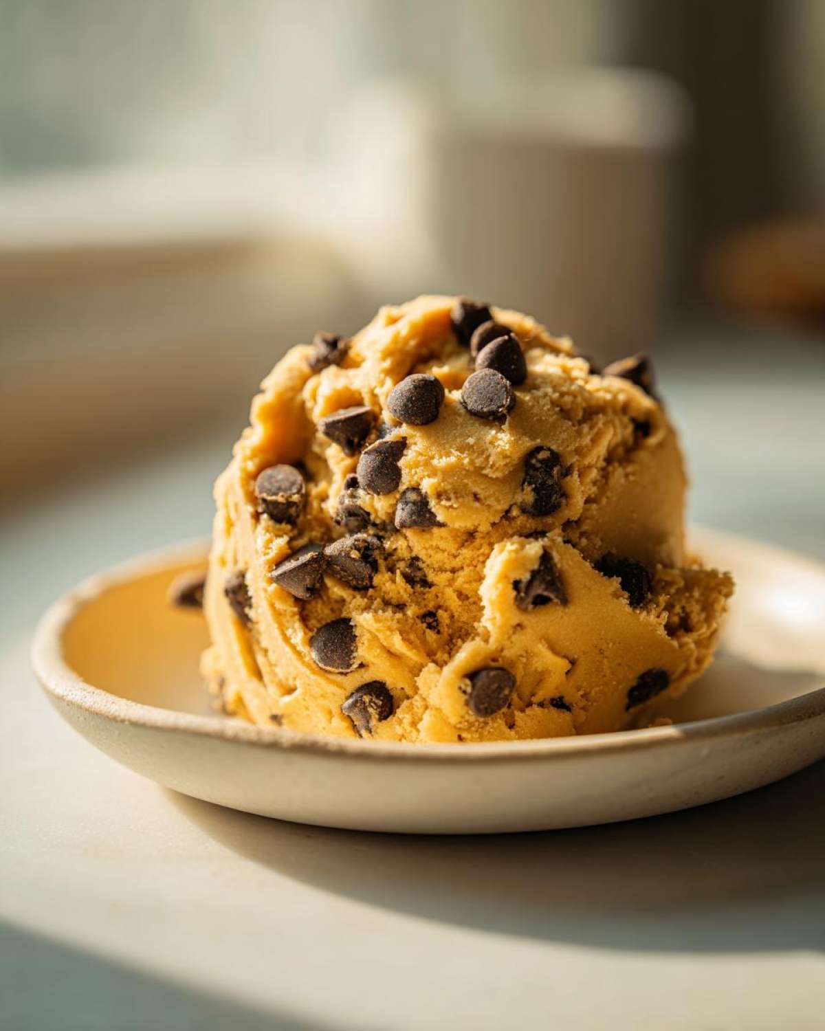 A close-up, appetizing scoop of golden high protein cookie dough loaded with mini chocolate chips, resting on a small dish.