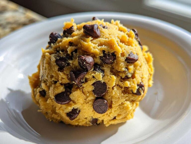 Close-up of a large scoop of golden high protein cookie dough loaded with dark chocolate chips, resting on a white plate.