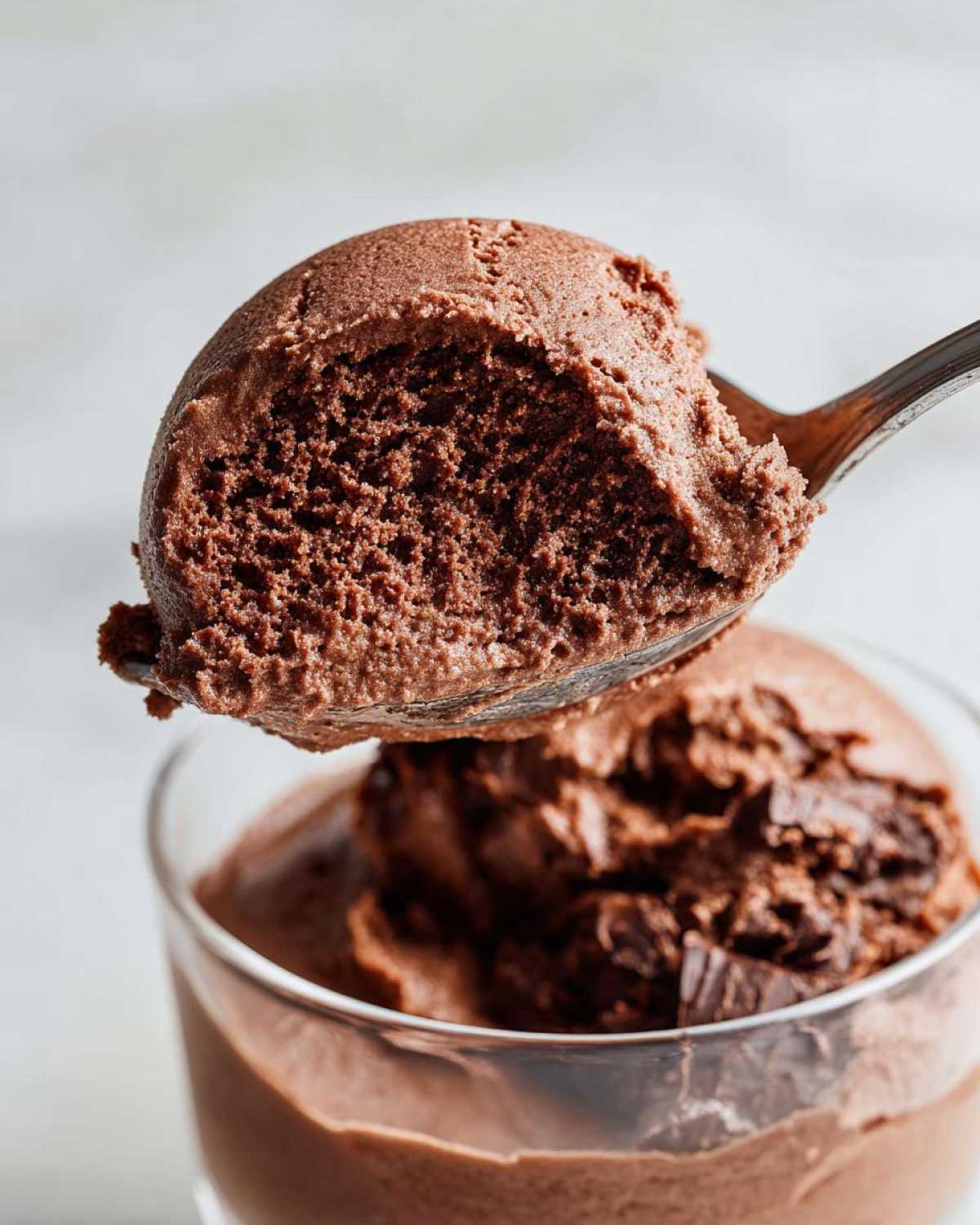 A spoonful of light and airy chocolate mousse being lifted from a glass, showing the rich texture.