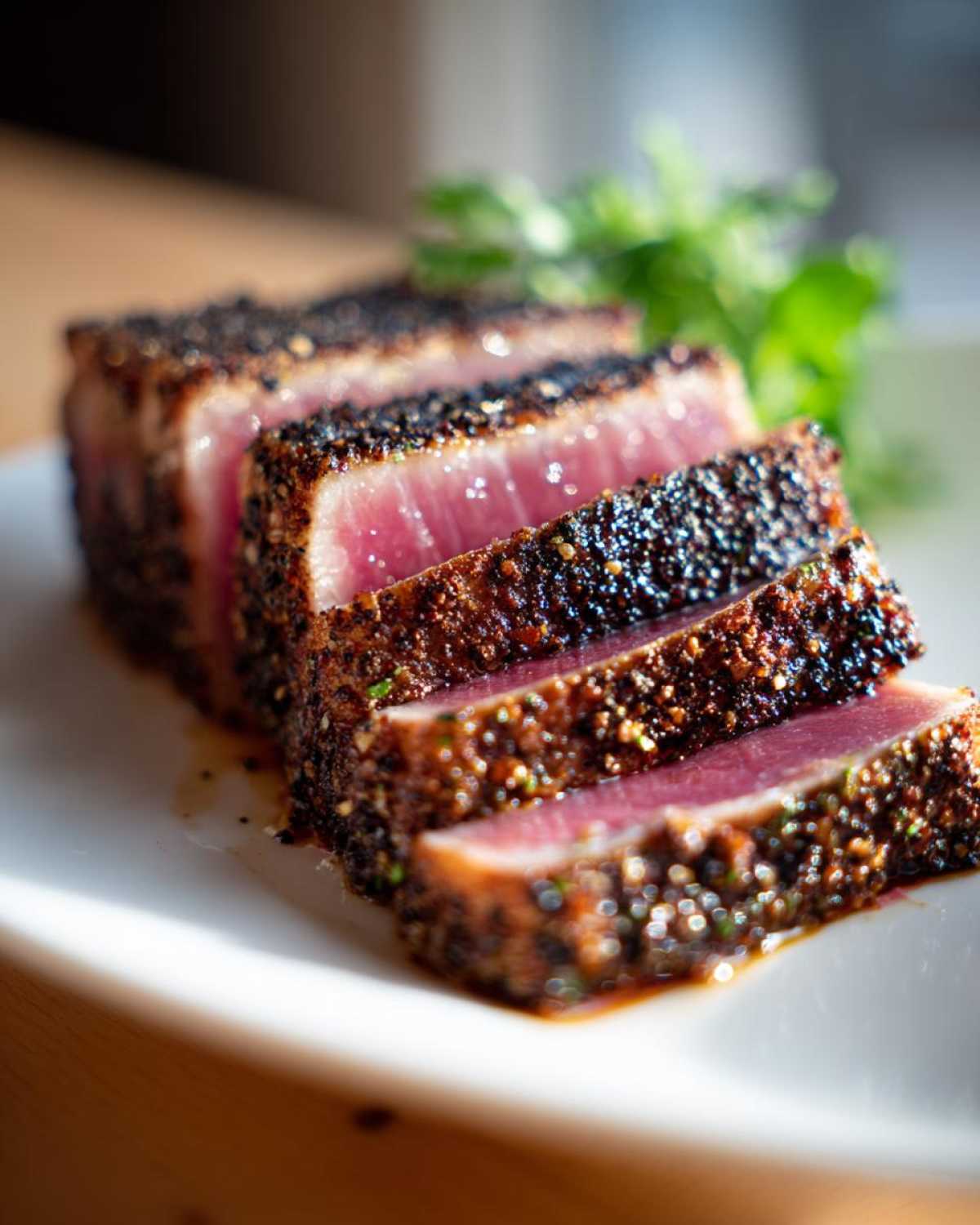 Close-up of four slices of seared, black-crusted Tuna Steaks, showing a bright pink, rare center.