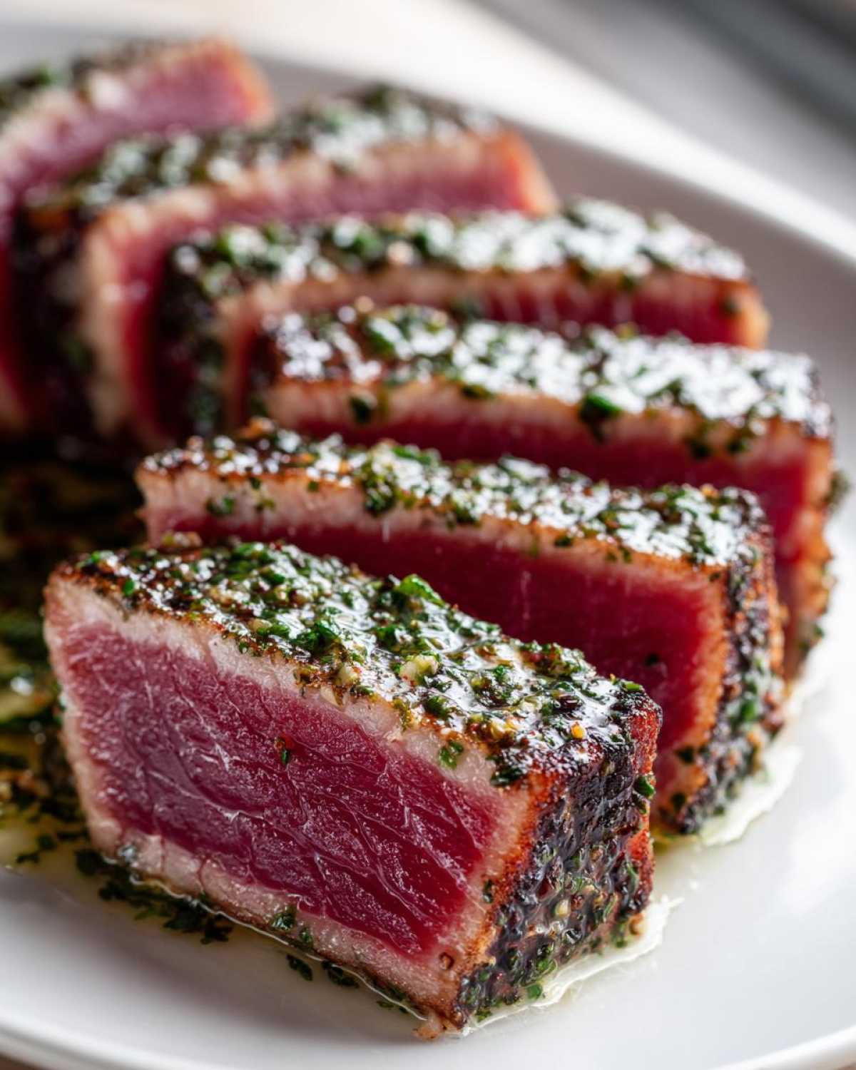 Close-up of perfectly seared, rare tuna steak, sliced and coated in a vibrant green herb crust.