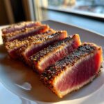 Four slices of perfectly seared, pepper-crusted Tuna Steaks showing a rare, deep red center.