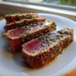 Three slices of perfectly seared tuna steak, showing a deep red center and a flavorful herb crust.