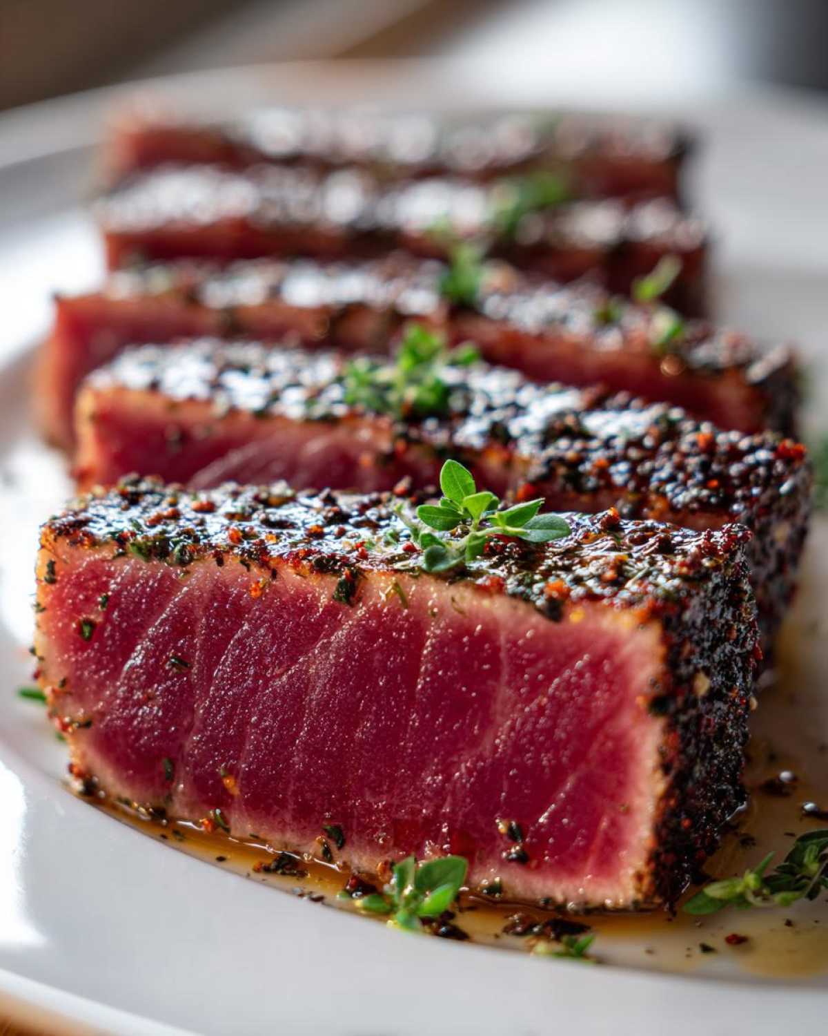 Close-up of perfectly seared, rare tuna steak slices coated in a dark herb crust, garnished with fresh thyme.