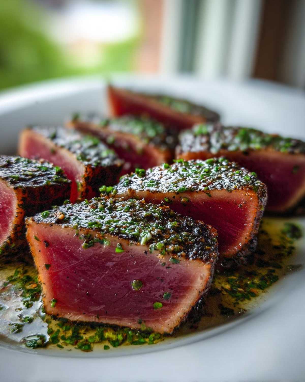 Close-up of perfectly seared tuna steak slices, showing a dark crust and bright red center, resting in herb oil.