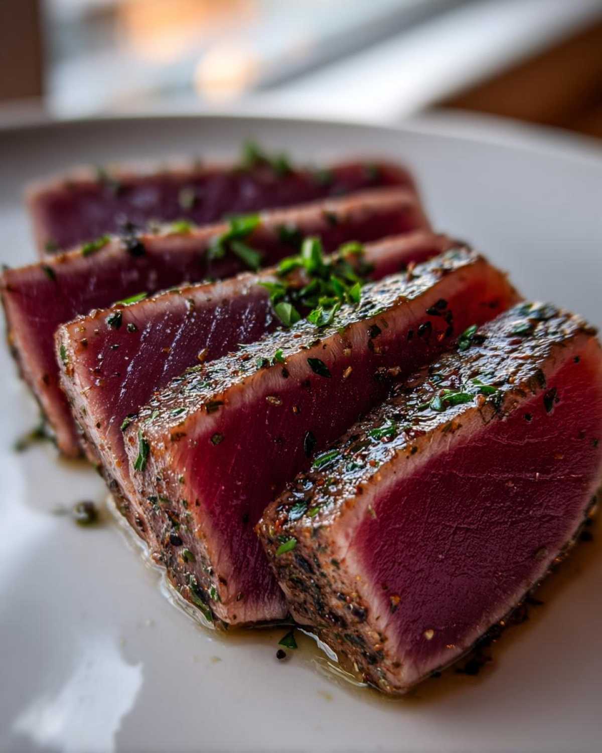 Close-up of four thick slices of seared tuna steak, rare in the center, crusted with herbs.