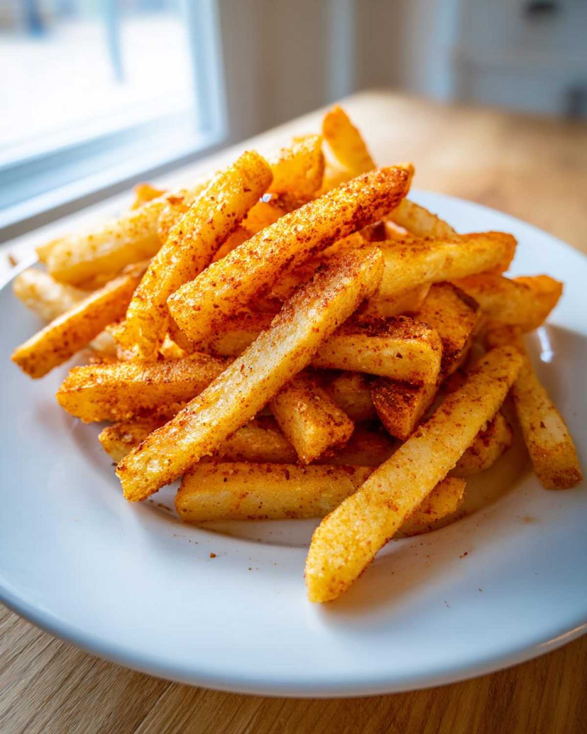 A close-up of a pile of crispy, golden air fryer french fries dusted with seasoning on a white plate.