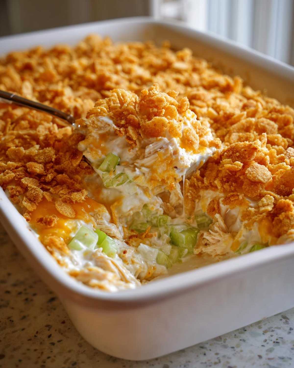 A spoonful of creamy hot chicken salad topped with crunchy cornflakes being lifted from a white baking dish.
