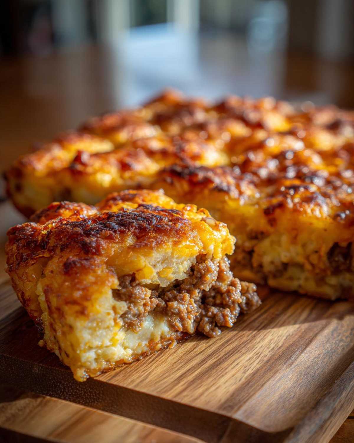 A close-up of a slice of tater tot casserole showing the crispy, cheesy top and savory ground meat filling.