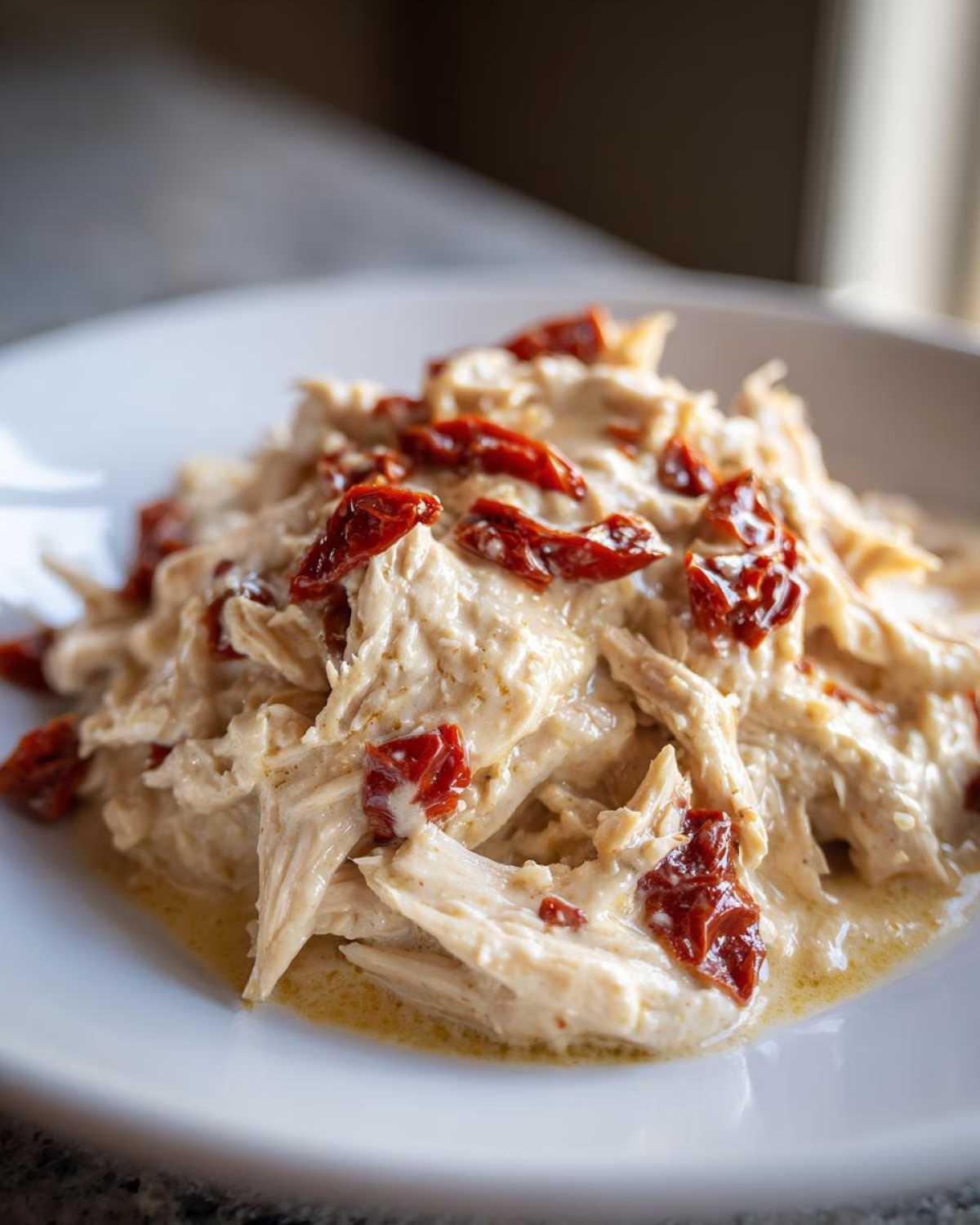 Close-up of shredded crockpot marry me chicken coated in a creamy sauce and topped with sun-dried tomatoes.