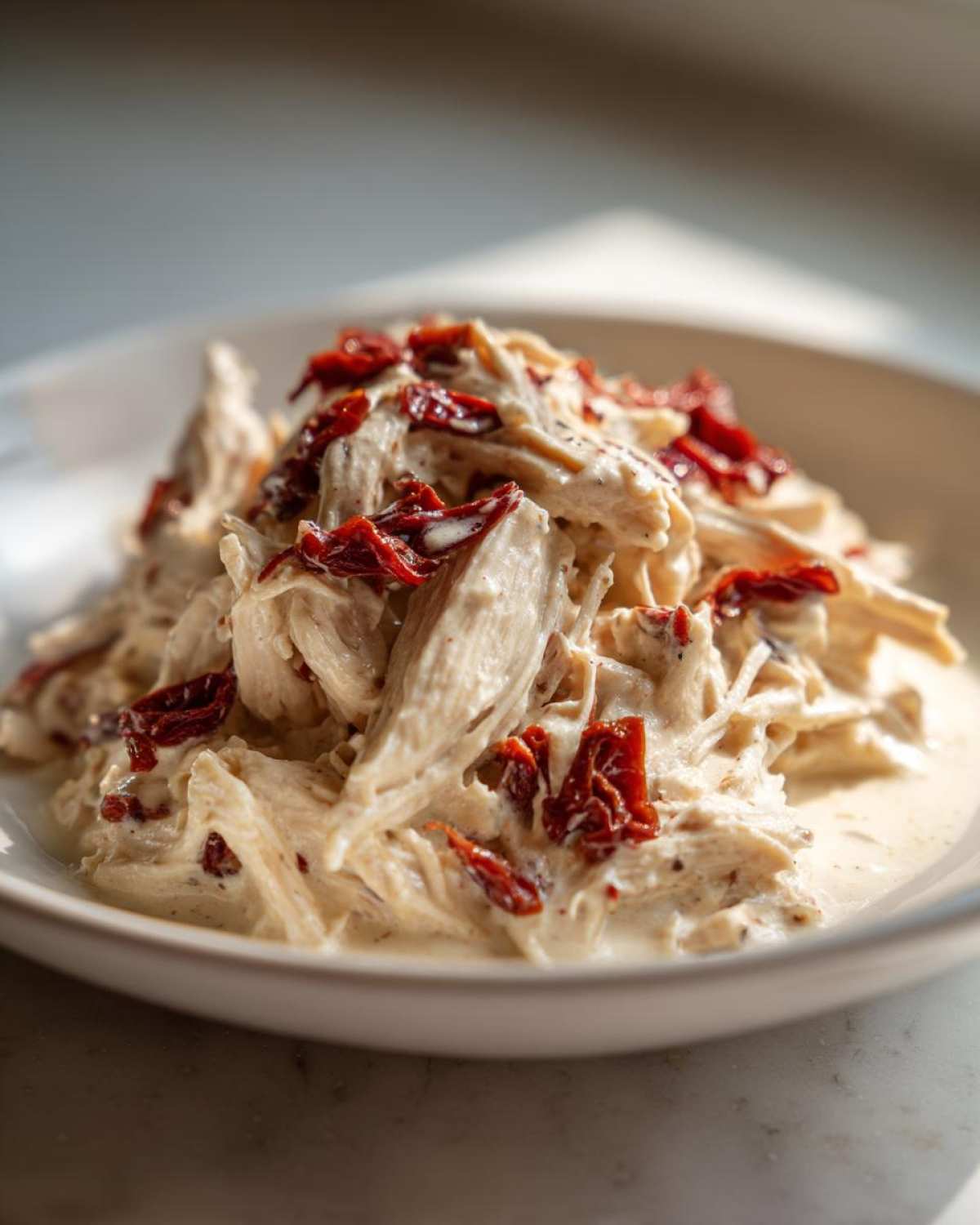 Close-up of shredded crockpot marry me chicken coated in a creamy sauce and topped with sun-dried tomatoes.