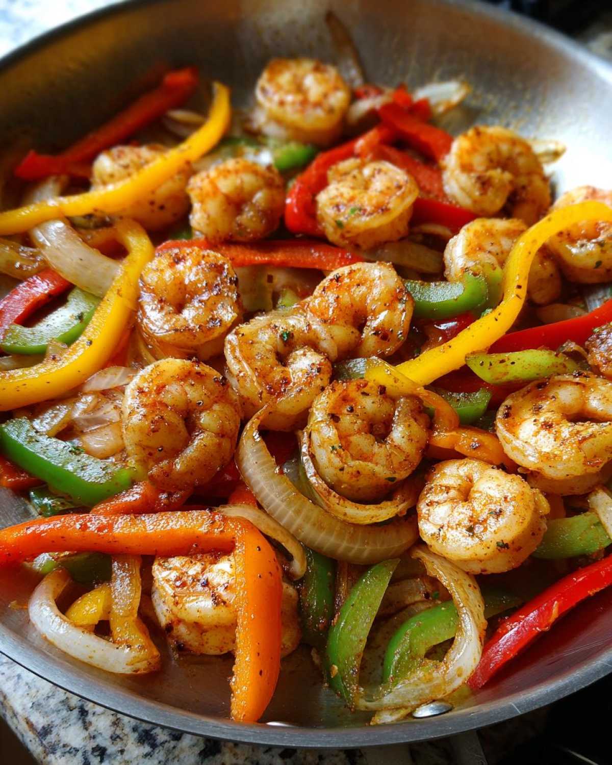 Close-up of seasoned shrimp mixed with colorful sautéed bell peppers and onions for shrimp fajitas in a metal skillet.