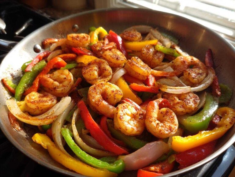 Close-up of seasoned shrimp fajitas cooking with colorful bell peppers and onions in a stainless steel skillet.