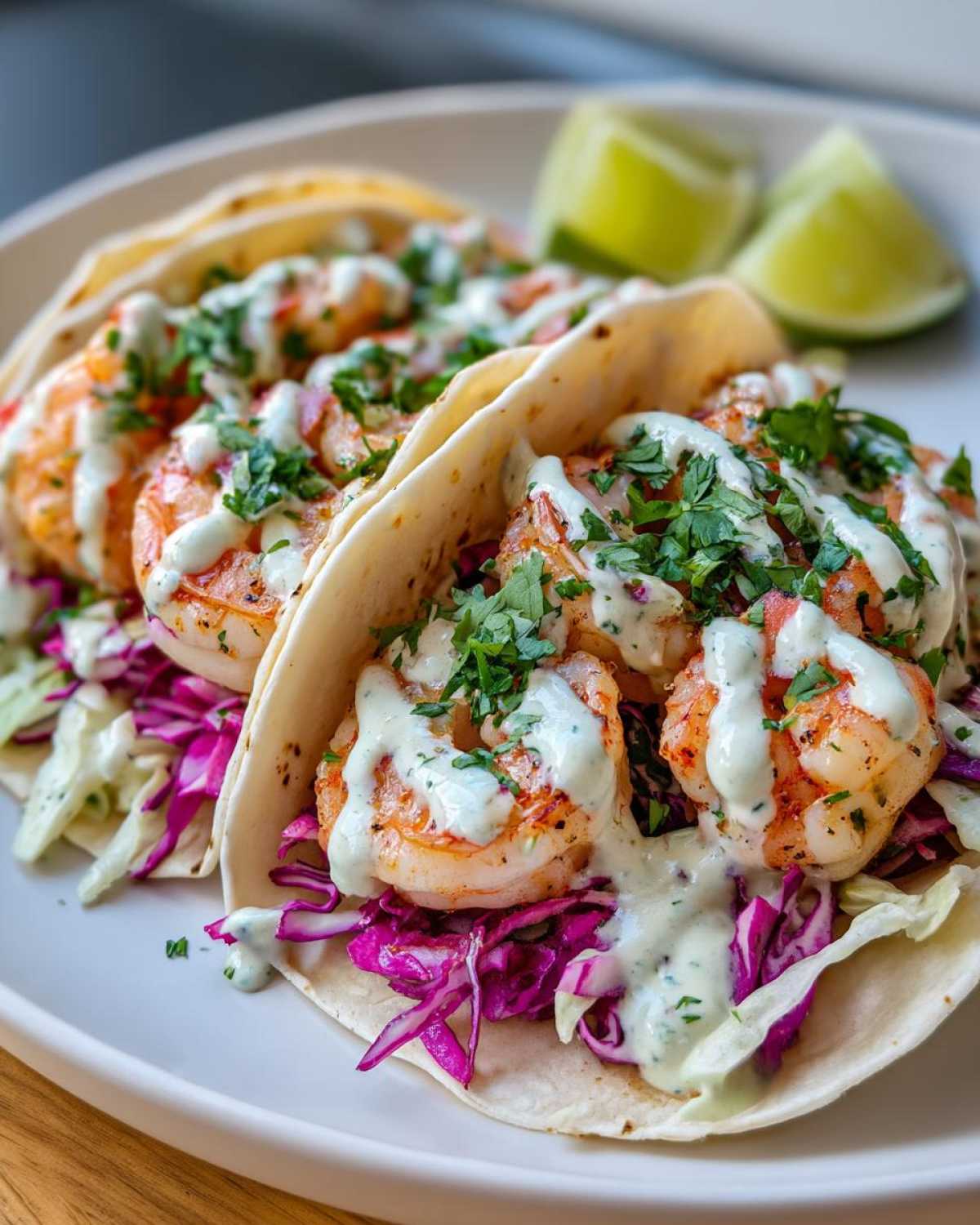 Two delicious Shrimp Tacos with lime crema drizzle, red cabbage slaw, and cilantro garnish, served with lime wedges.