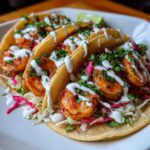Three delicious Shrimp Tacos with Lime Crema, topped with cabbage slaw and cilantro, served on a white plate.