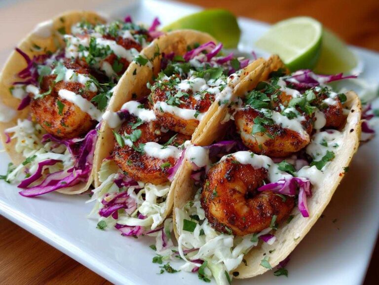 Three delicious Shrimp Tacos with lime crema drizzle, seasoned shrimp, and purple cabbage slaw.