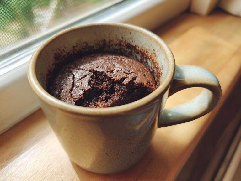 Amazing 5 Minute Single Serve Protein Brownie A rich, dark chocolate Single Serve Protein Brownie baked directly in a speckled ceramic mug, resting on a wooden surface.