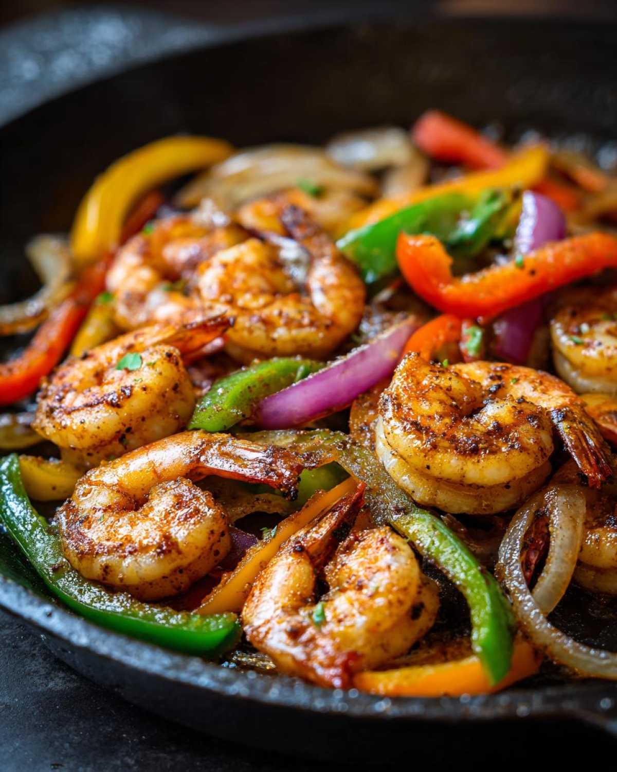 Close-up of perfectly seasoned and cooked shrimp fajitas with colorful bell peppers and onions in a black skillet.