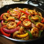 Close-up of seasoned shrimp mixed with colorful bell peppers and red onions in a hot cast iron pan, ready for shrimp fajitas.