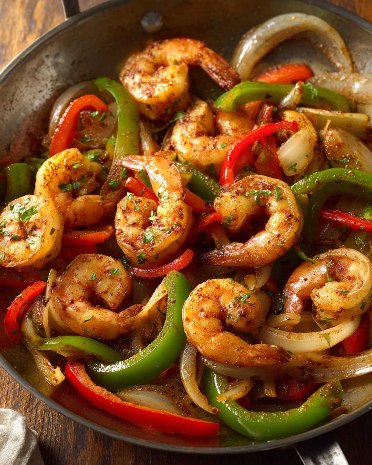 Close-up of seasoned shrimp mixed with colorful sautéed bell peppers and onions for shrimp fajitas in a metal skillet.
