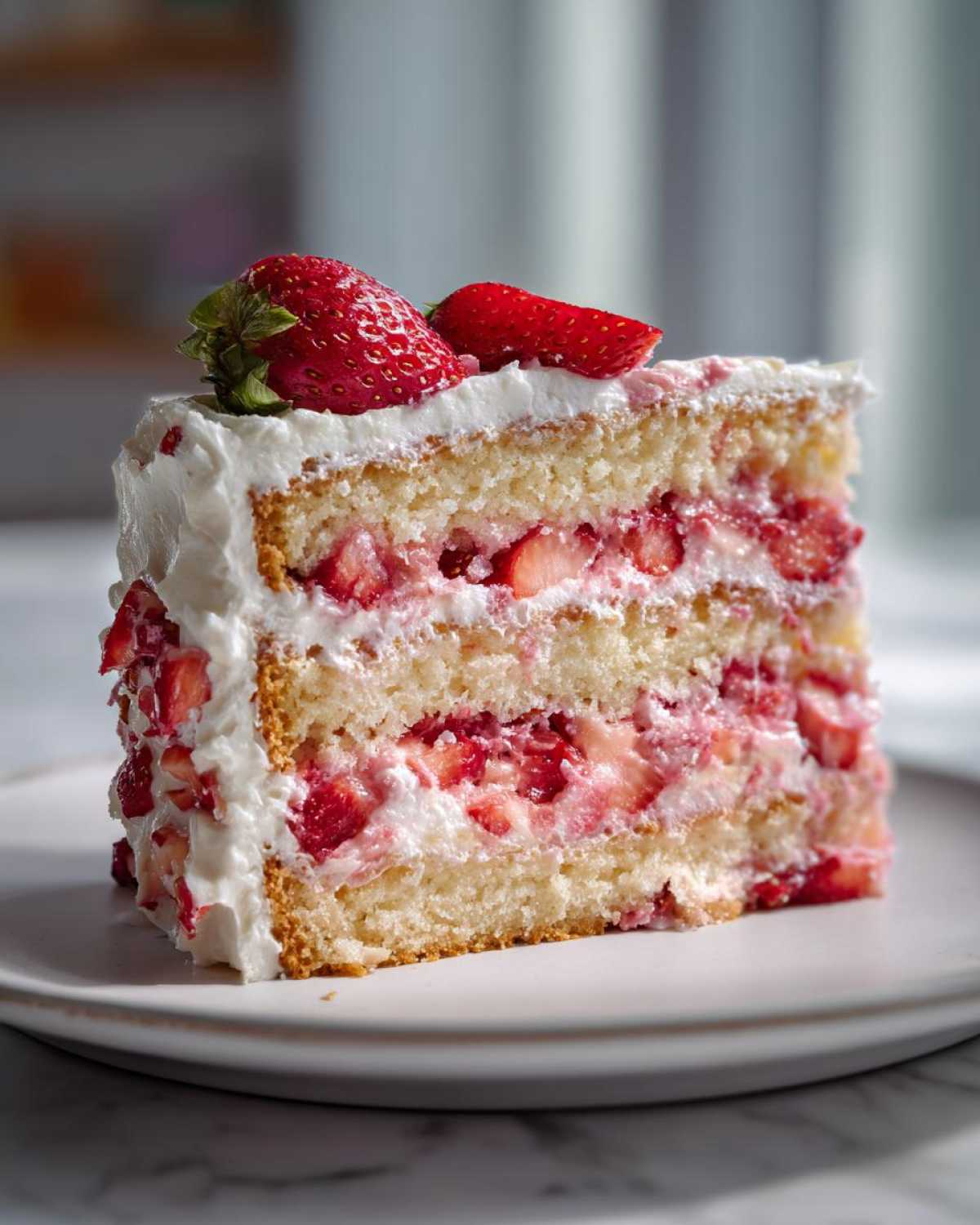 A tall slice of layered strawberry cake with white frosting and fresh strawberries on top.
