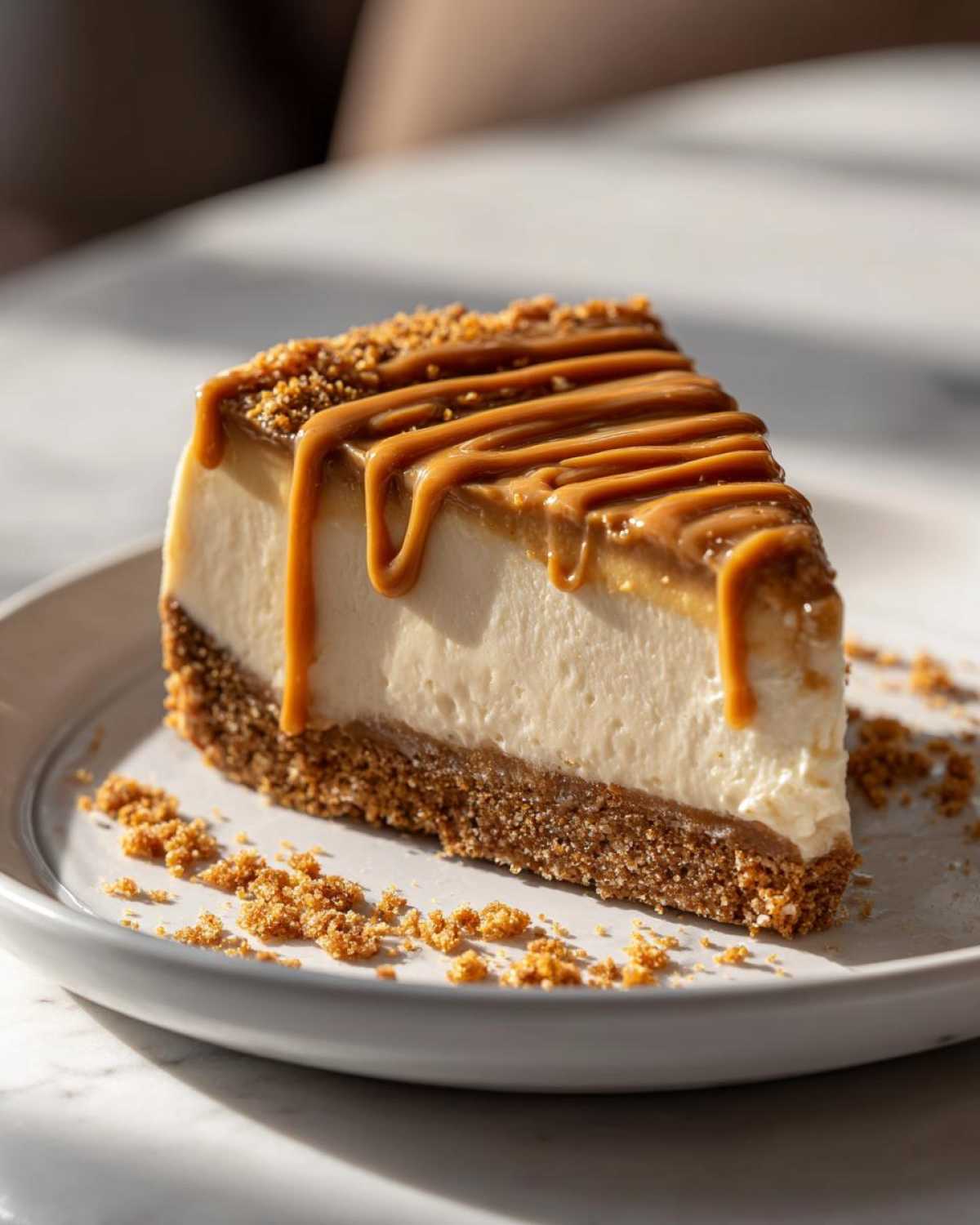 A decadent slice of biscoff cheesecake topped with caramel drizzle and crumbs on a white plate.