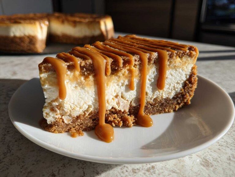 A close-up of a slice of creamy biscoff cheesecake topped with thick caramel sauce dripping down the sides.