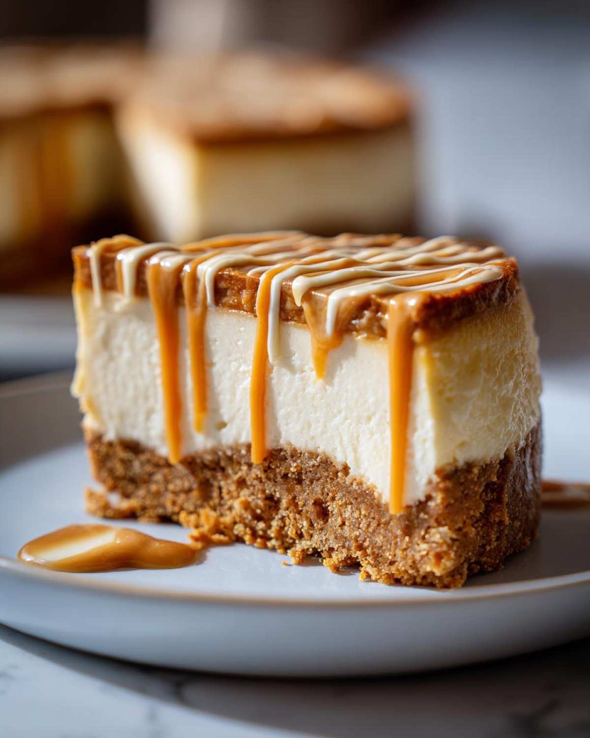 A decadent slice of biscoff cheesecake with a thick crust, topped with caramel and white chocolate drizzle.