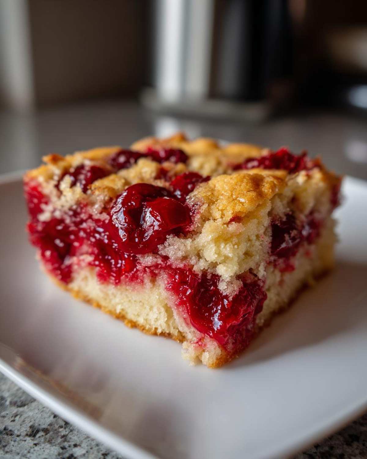 Close-up of a square slice of cherry dump cake showing bright red filling and crumbly topping on a white plate.