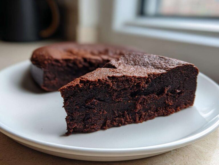 Close-up of a dense slice of flourless chocolate cake with a slightly cracked top, served on a white plate.