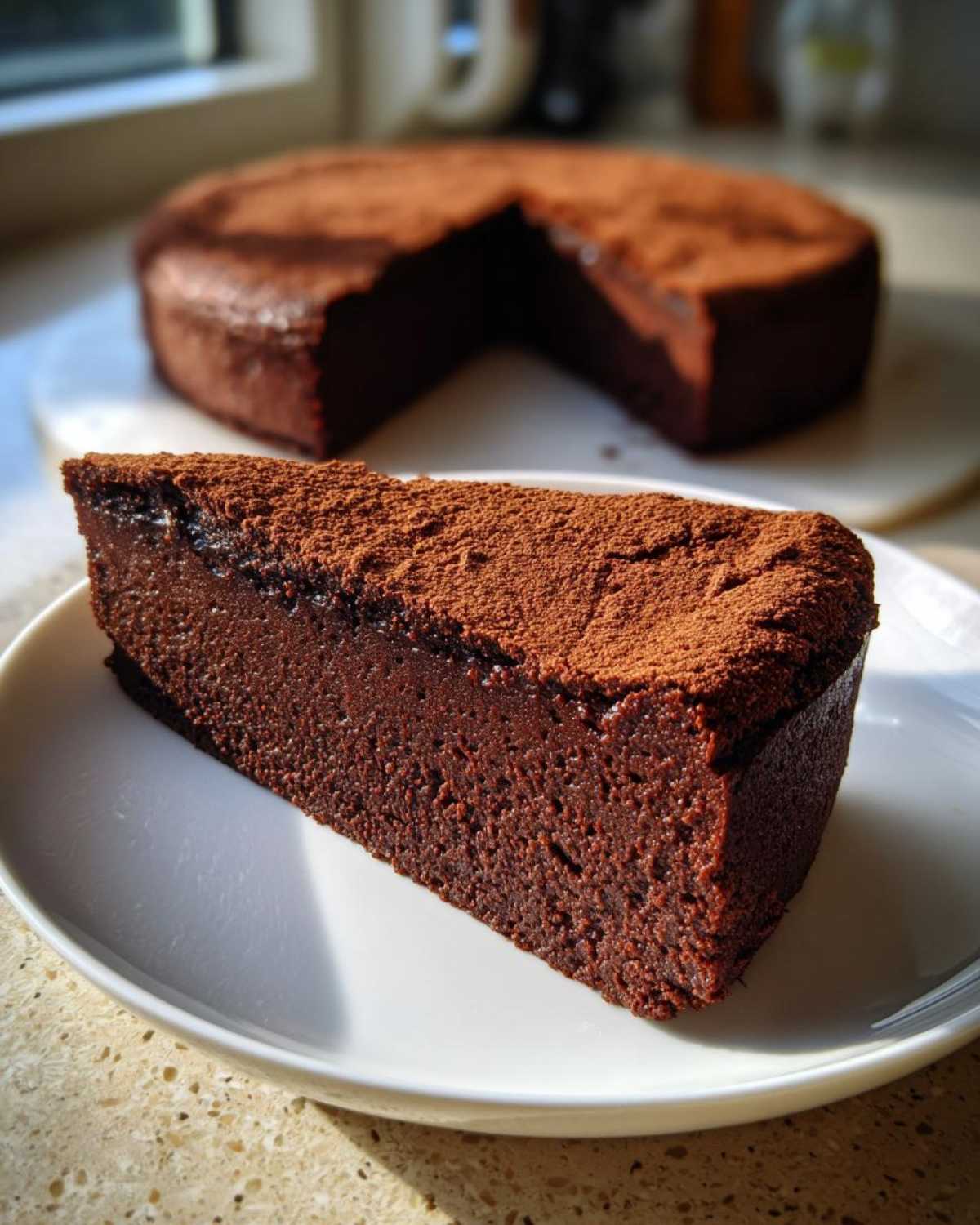 A rich, dark slice of flourless chocolate cake dusted with cocoa powder, with the rest of the cake blurred in the background.