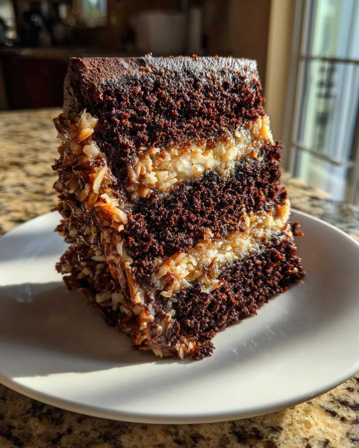 A tall slice of decadent german chocolate cake recipe showing dark chocolate layers and coconut pecan frosting.