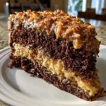 A decadent slice of german chocolate cake showing dark chocolate layers and thick coconut pecan filling and topping.