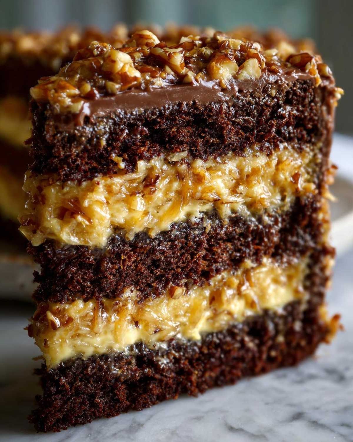 Close-up of a decadent slice of german chocolate cake showing three layers of dark cake and coconut-pecan filling.