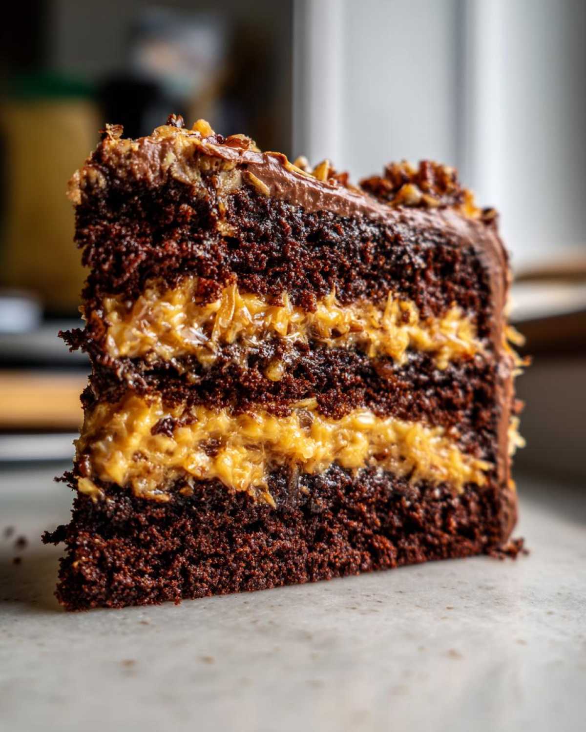 Close-up of a moist slice of german chocolate cake showing dark layers and thick coconut-pecan filling.