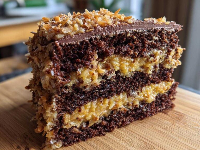 A tall slice of moist german chocolate cake showing dark layers and thick coconut pecan filling.