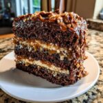 Close-up of a rich slice of german chocolate cake recipe showing dark chocolate layers and coconut-pecan frosting.