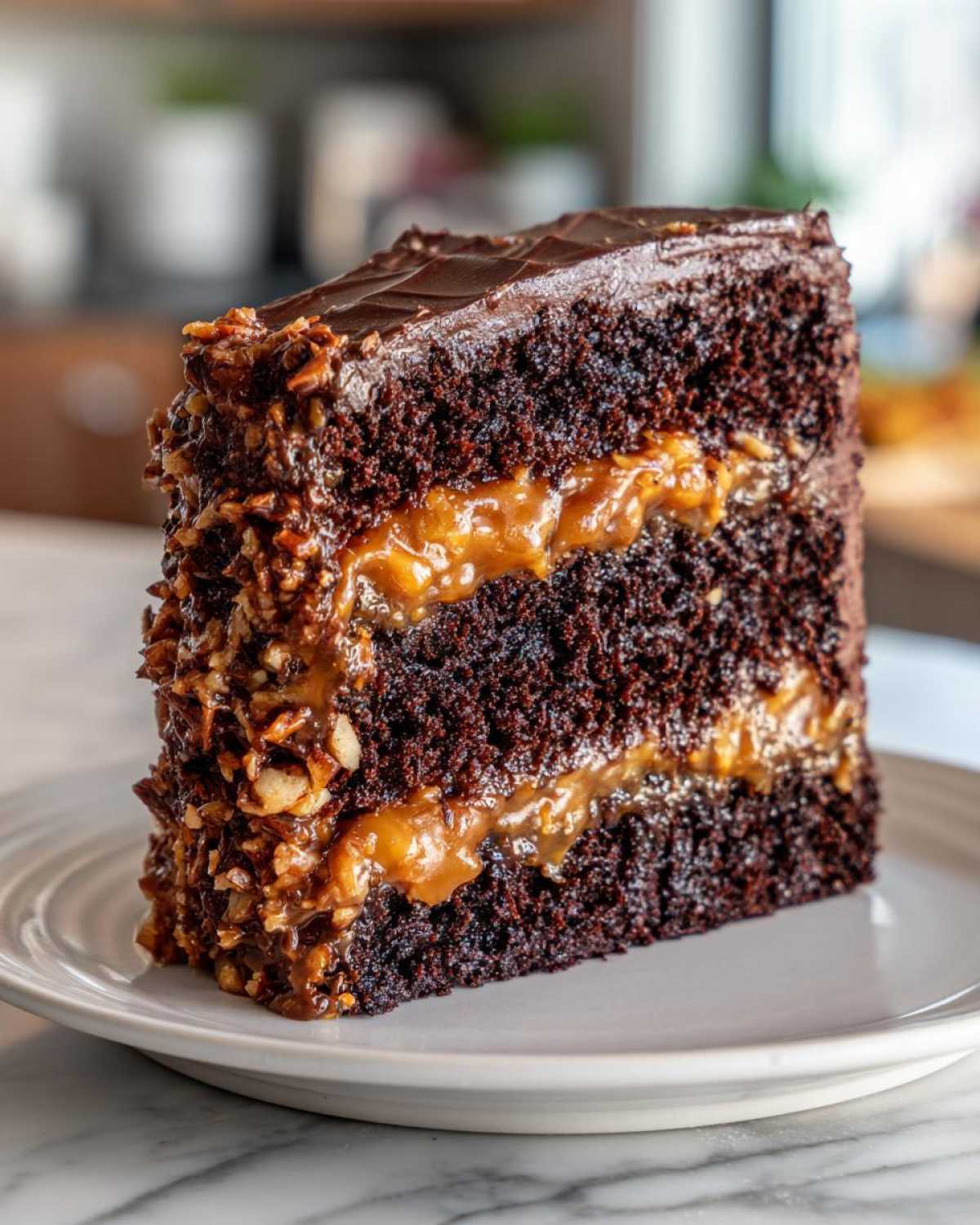 A decadent slice of german chocolate cake recipe showing dark chocolate layers and gooey coconut-pecan filling.