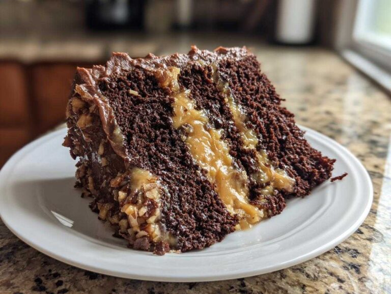 A decadent slice of german chocolate cake recipe featuring dark chocolate layers and thick coconut-pecan filling.