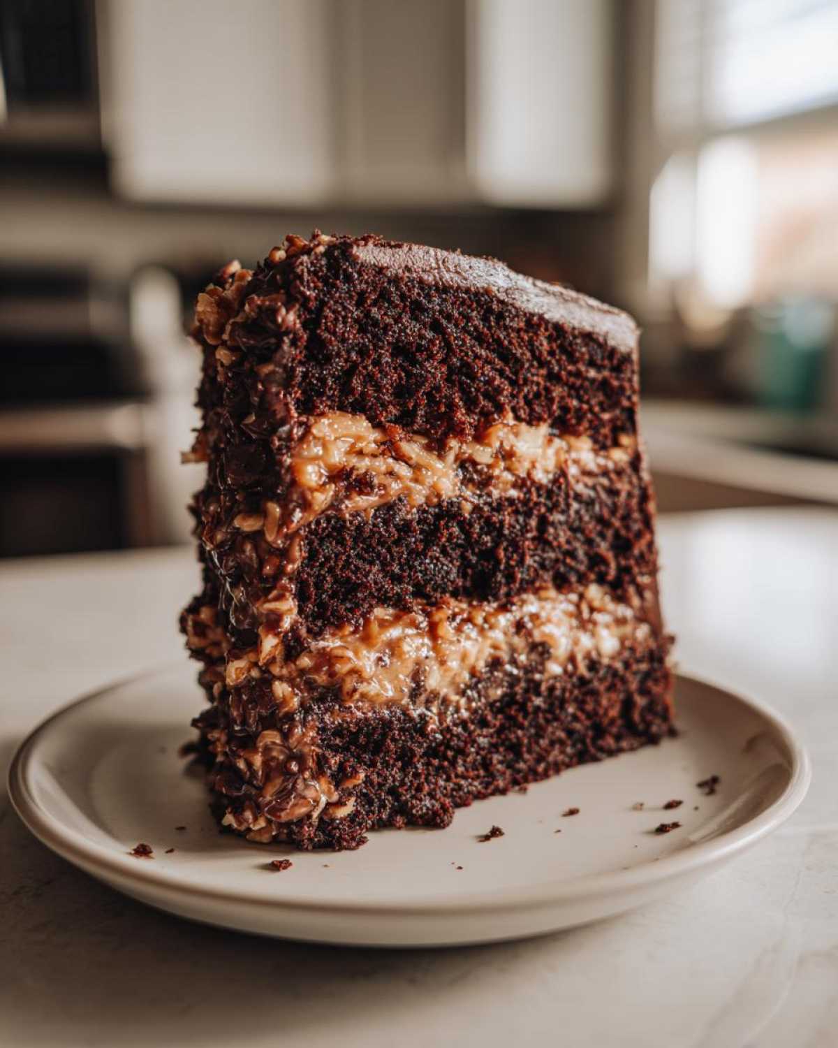 A close-up of a decadent slice of german chocolate cake recipe showing three dark chocolate layers and coconut-pecan filling.