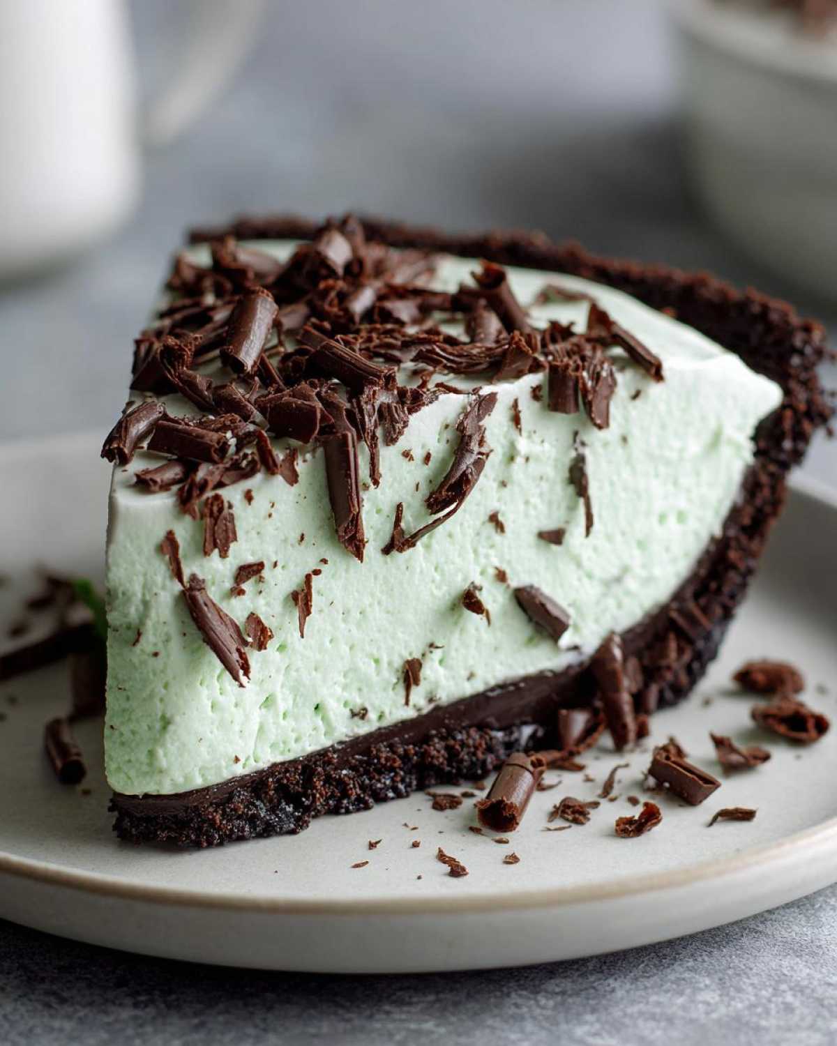 A close-up of a slice of light green grasshopper pie with a dark chocolate crust, topped with chocolate shavings.