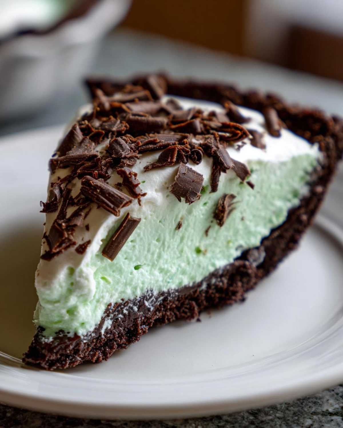 A close-up of a slice of grasshopper pie featuring a dark chocolate crust, light green filling, whipped cream, and chocolate shavings.