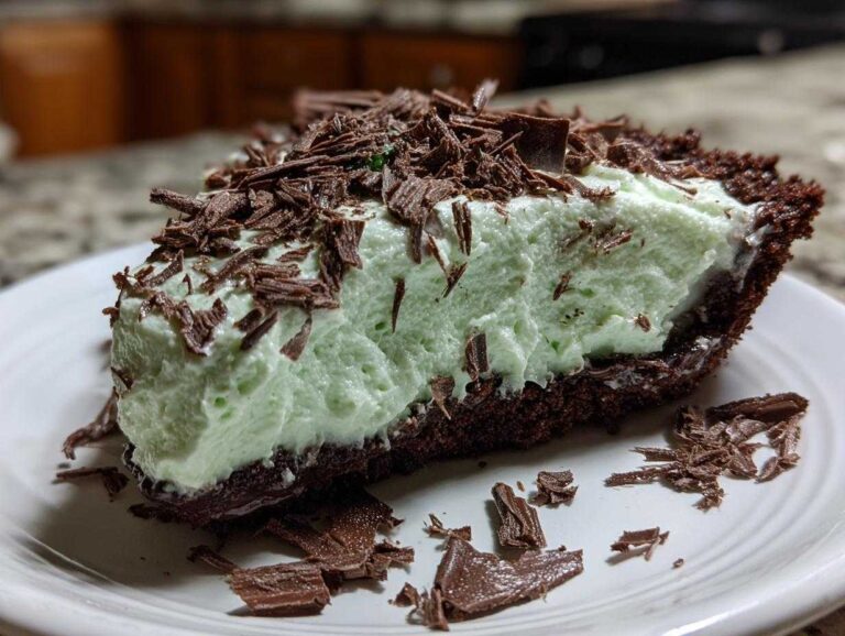 A close-up of a thick slice of grasshopper pie featuring a light green mint filling and dark chocolate crust, topped with chocolate shavings.