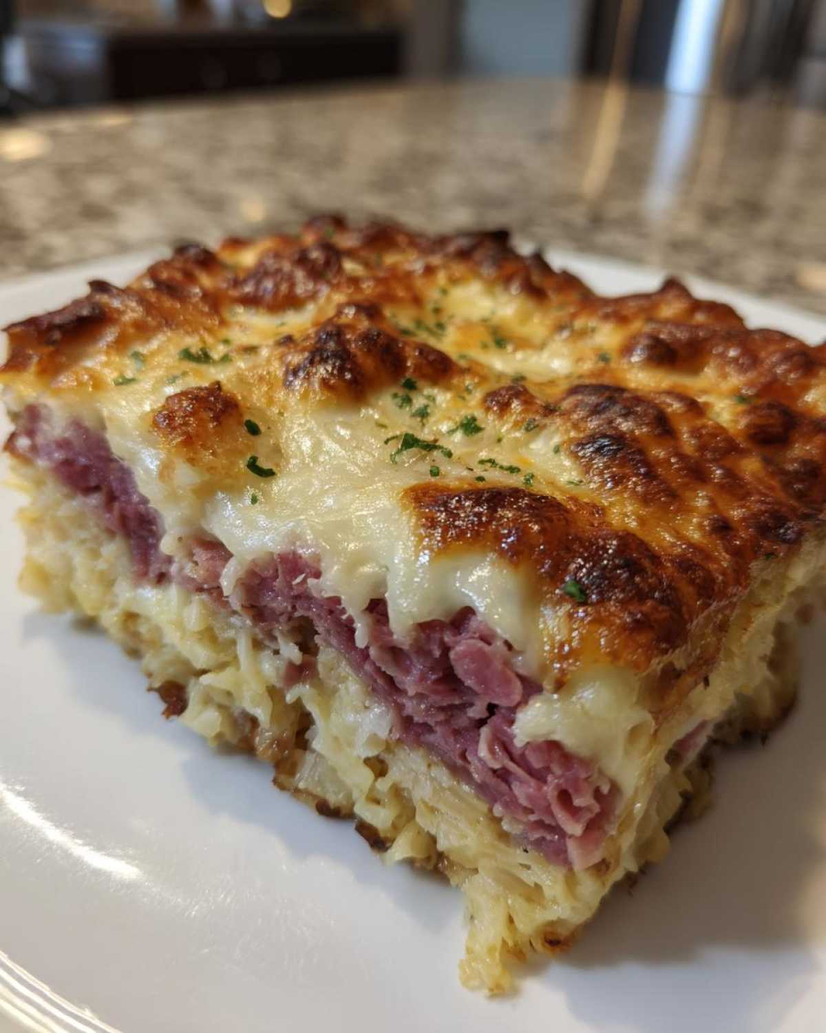A close-up serving of homemade reuben bake featuring layers of shredded potatoes, corned beef, and a bubbly, browned cheese topping.