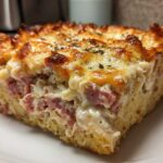 A thick, square slice of homemade reuben bake featuring layers of corned beef, creamy sauce, and a golden, bubbly cheese crust.