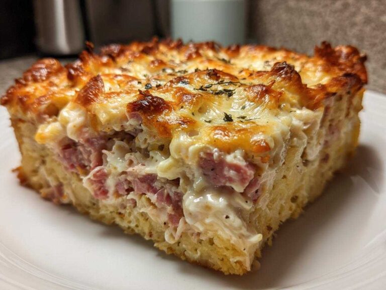 A thick, square slice of homemade reuben bake featuring layers of corned beef, creamy sauce, and a golden, bubbly cheese crust.