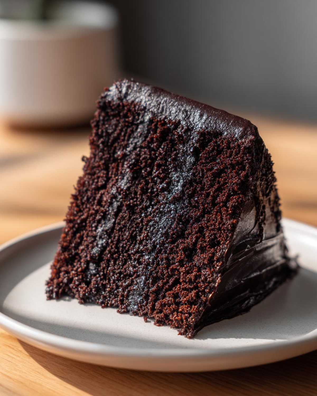 Close-up of a rich, dark slice of moist chocolate cake covered in glossy dark chocolate frosting on a light plate.