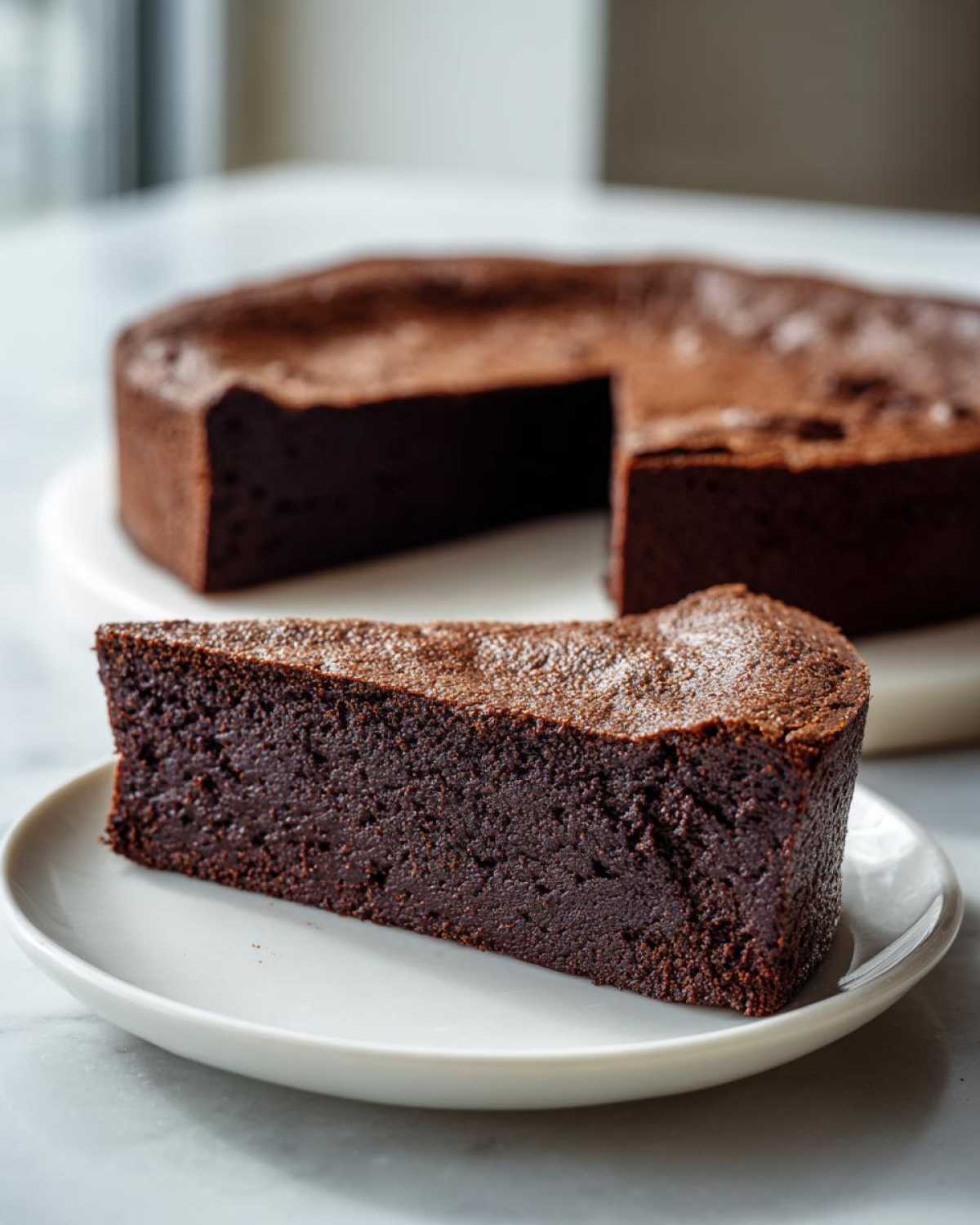 A thick slice of dense, dark flourless chocolate cake served on a small white plate, with the rest of the cake blurred in the background.