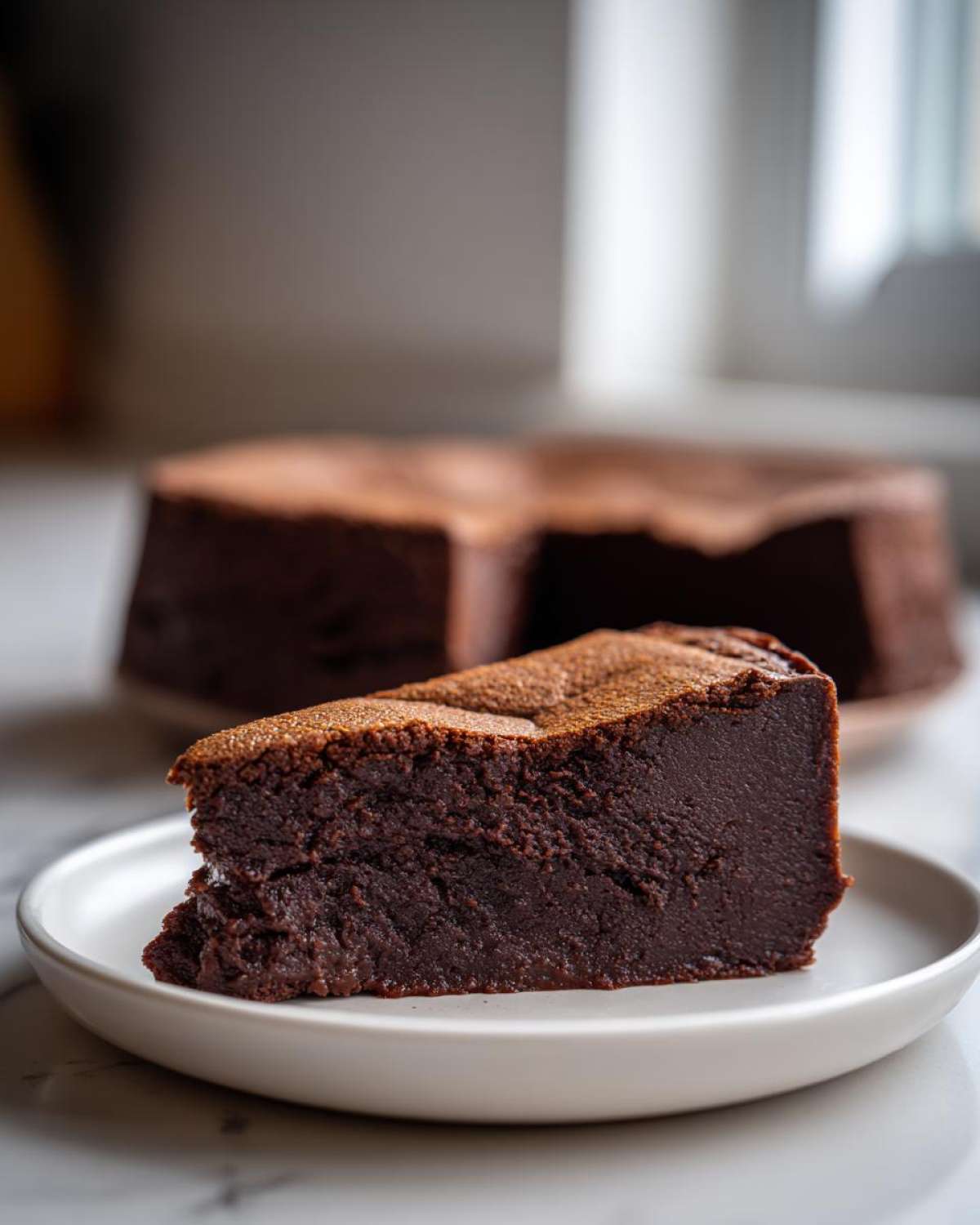 A decadent slice of rich, dark flourless chocolate cake served on a white plate.