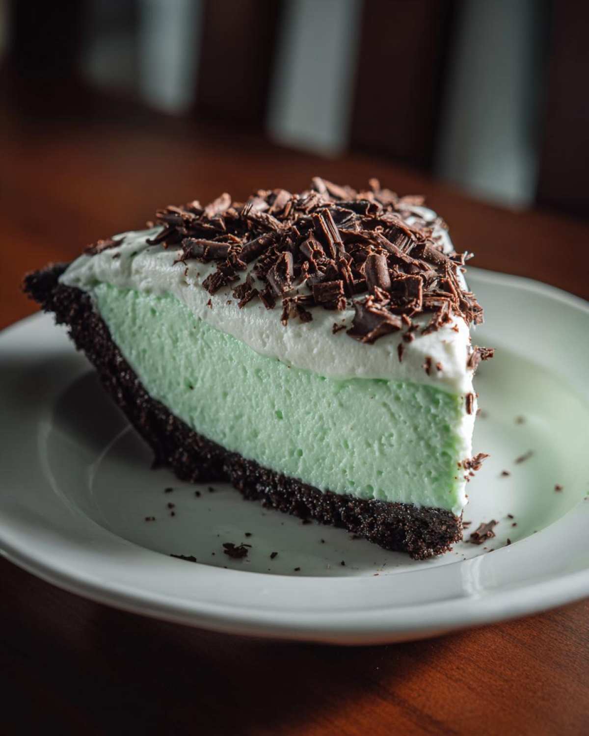 A close-up of a slice of grasshopper pie featuring a light green filling, whipped topping, and dark chocolate shavings.